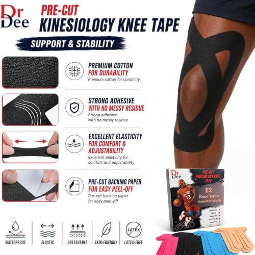 Pre-Cut Kinesiology Tape for Knees 12 Pcs Athletic Support Stability Tape - style: Knee Tape