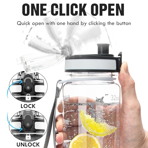 OLDLEY Water Bottle, 32oz Motivational Sports Water Bottle with Time Marker - Times to Drink - Tritan, BPA Free, Wide Mouth Leakproof, Clear (1 Bottle) - color: A-Clear