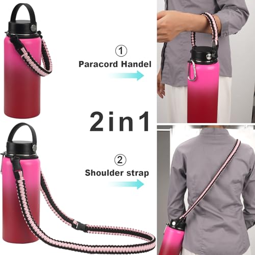 Wongeto Paracord Handle Carrier Holder with Shoulder Strap,Compatible with Hydro Flask Wide Mouth Water Bottles - color: Pink/Black