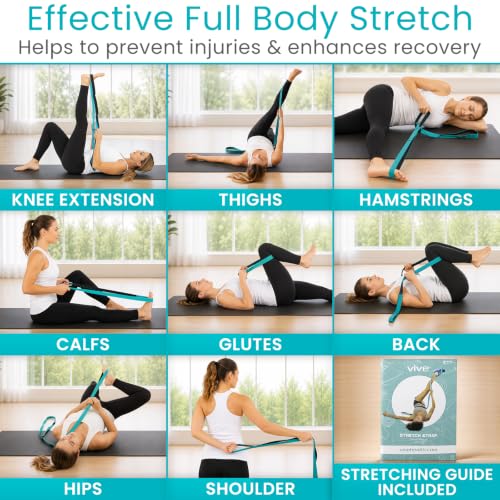 Vive Stretch Strap (75" - 10 Loops) - Leg Stretch Band to Improve Flexibility - Stretching Out Yoga Strap - Exercise and Physical Therapy Belt for Rehab, Pilates and Gymnastics with Guide Book - color: Teal