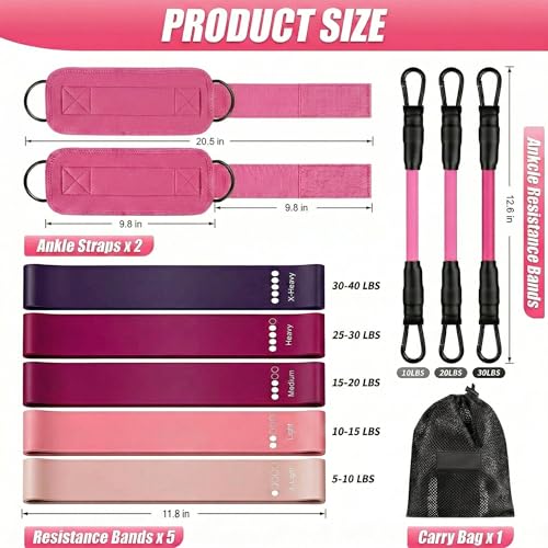 Ankle Resistance Bands with Cuffs, Glute Kickback Strap Set with 3 Ankle Straps & 5 Loop Bands for Women, Exercise Equipment for Legs and Butt Workout, Booty Builder for Hip, Home Gym Fitness