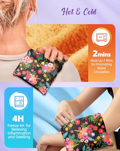 Swooflia Microwave Heating Pad for Warm Cold Compress - Lavender Flaxseeds Bags Hot Pack for Heat Therapy Chronic Pain Relief Back Cramps Shoulders Neck Women, Black Florals Detachable Stuffed Cover