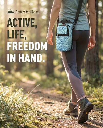 AUPET Water Bottle Sling Bag Sleeve Holder Carrier 25/32/40/64 oz,Insulated Crossbody Water Bottle Case Cover with Strap and Pockets for Men/Women Walking Hiking - color: blue feather, size: 25oz