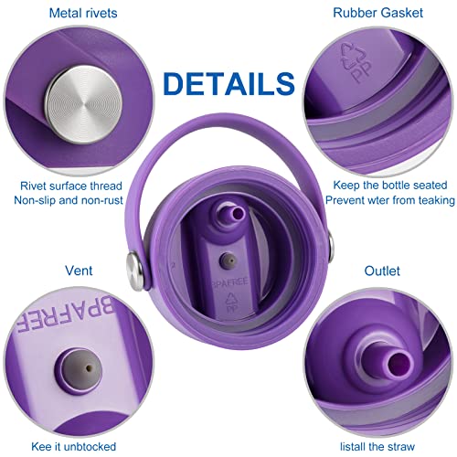 Straw Lid for Hydro Flask Wide Mouth, Lid with Flexible Handle and Straws, Replacement Sports Cap for Hydroflask 32 40 oz - color: Purple