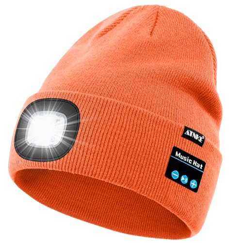 ATNKE LED Lighted Bluetooth Beanie Hat,USB Rechargeable 4 LED Wireless Music Running Headlamp Cap Gift for Men and Women - color: #Bright Orange