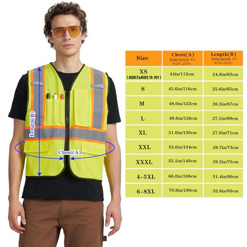 A-KSAFETY High Visibility Safety Vest for Men Women with Pockets and Zipper - color: Yellow, size: 3X-Large