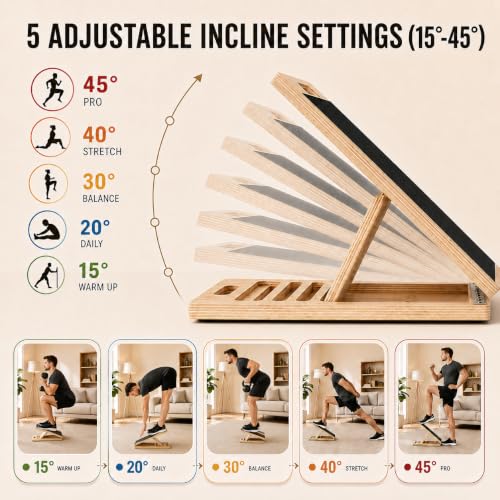 Premium Wooden Slant Board, Adjustable Calf Stretcher & Squat