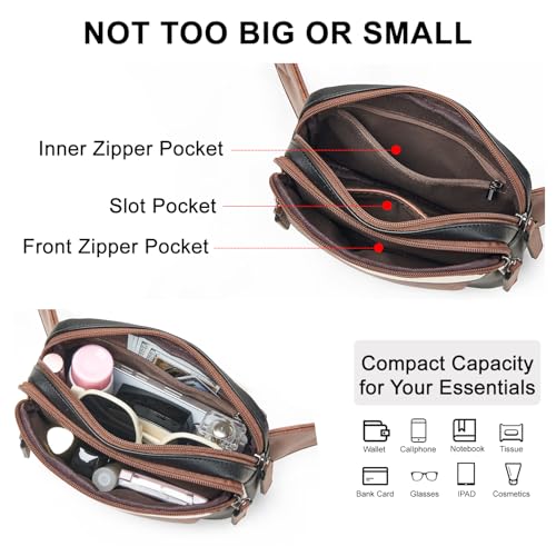 LATMAP 3L Fanny Packs for Women Cross Body Bag Vegan Leather Waist Belt Bag - color: Black and Brown with Beige
