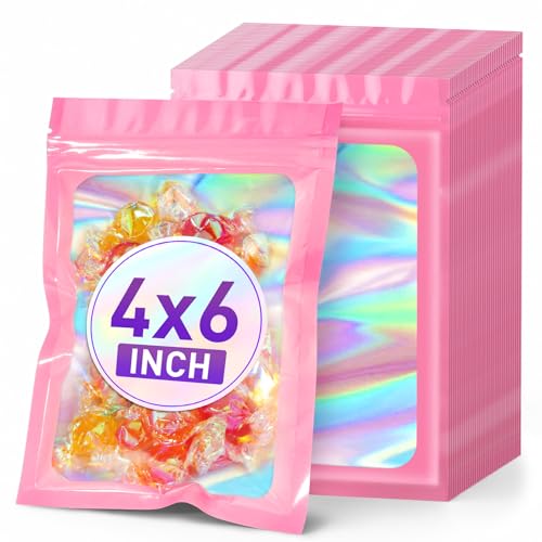 ANZNKU Holographic Mylar Bags 4x6 Pink Resealable 50PCS Candy Goodie Bags - color: Holographic Pink, size: 4x6 Inch