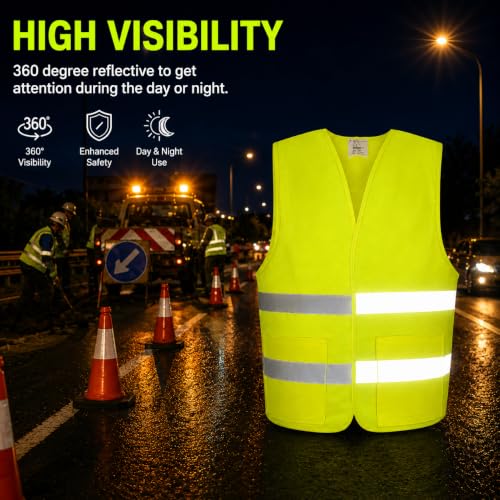 12 Pack Safety Vests with Pockets Yellow Reflective High Visibility,Hi Vis Silver Strip for Men Women Cycling Running Surveying Volunteer Crossing Guard - color: Yellow, size: Medium