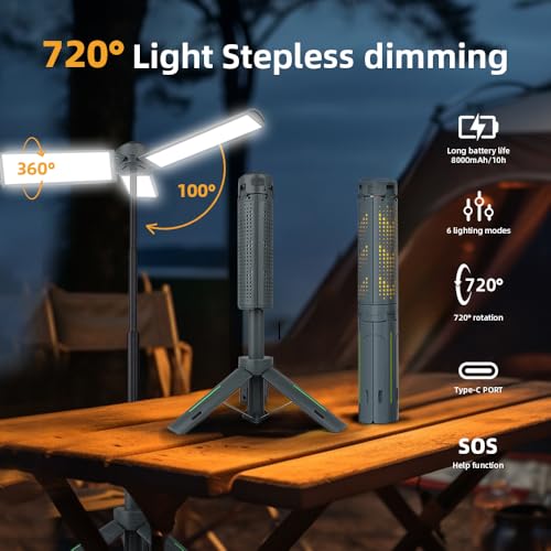 Rechargeable 8000mAh Camping and Work Light with Adjustable Stand 3.4 ft, 3000 Lumen Cordless Work Light Featuring 3 Adjustable Heads, Dimmable Emergency Flashlight with Telescopic Tripod
