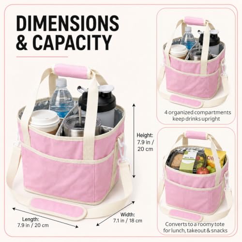 Drink Carrier Bag, Family Size 4 Compartment Drink Bag - Pink - color: Cherry Blossom Pink