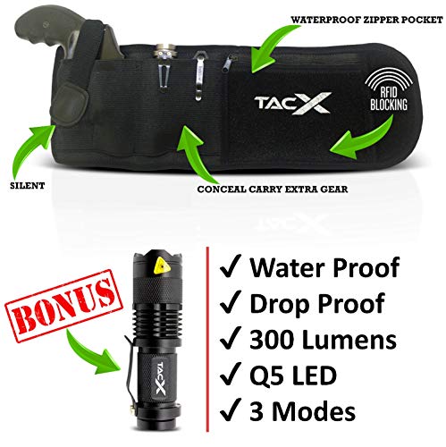 Belly Band Holster for Active Concealed Carry | Universal Design | IWB/OWB Pistol Belt | RFID Blocking Water Proof Zipper Gear Pocket | Spare Mag Pouch | Running, Hiking, Jogging