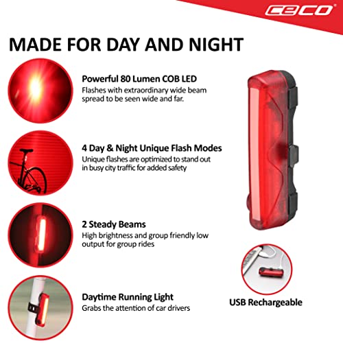 CECO USA 80 Lumen USB Rechargeable Bike Tail Light - Super Wide Bright Model TC80 Bicycle Rear Light - IP67 Waterproof, FL-1 Impact Resistant - COB LED Red Safety Light - Pro Grade Quality