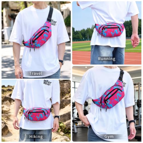 Large Fanny Pack for Women Men NSYOOMH, Crossbody Waist Bag 5-Zipper Pocket - color: Pink