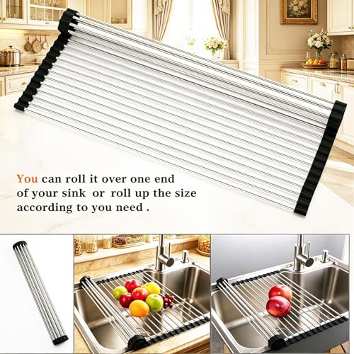 Ahyuan Roll up Dish Drying Rack Over The Sink Kitchen Roll up Sink Drying Rack Portable Dish Drainer Foldable Dish Drying Rack (Black, 20.5''X16.9'') - color: Black, size: Rectangle 20.5 inches x 16.9 inches