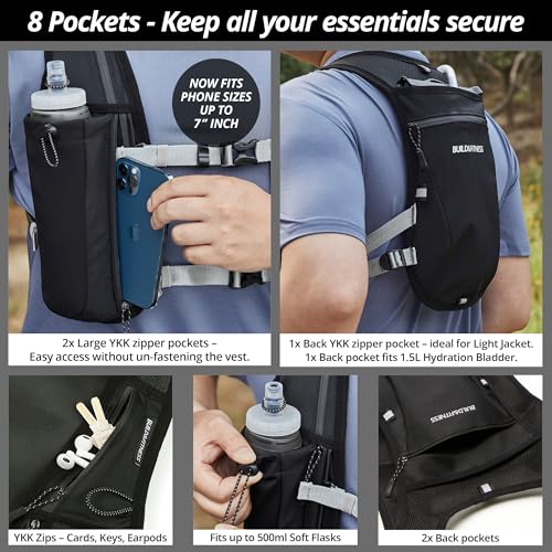 Running Hydration Vest for Women and Men. Reflective, 8 Pocket, Quick Dry, Water-Resistant, Breathable, Adjustable Backpack for Runs, Hiking, Cycling, Trails, Marathons - style: Black Vest + 1.5L Bladder + 2x 500ml Soft Flasks