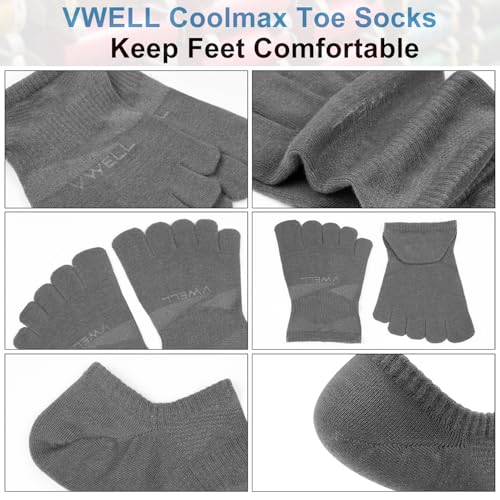 VWELL No Show Toe Socks for Men Women COOLMAX Five Finger Socks Athletic Running Ankle Low Cut 5 Toe Socks (3Pairs) - color: Grey, size: Large