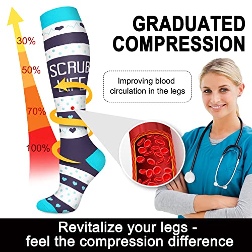 Aoliks 6 Pairs Compression Socks for Women & Nurses, Flying Knee High Socks - color: 02 Black/White/Heart, size: Small-Medium