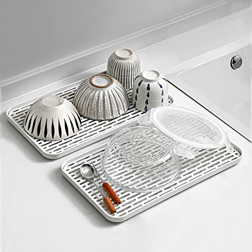 2 Pack Serving Tray & Dish Rack & Flat Drain Board, Multi-Use Tray for Serving, Fruit Drain, Cup Drain, White & Grey, Perfect for Coffee Table, Kitchen, Outdoors (8.85W x 15.35L) - size: 8.85W x 15.35L- 2pack