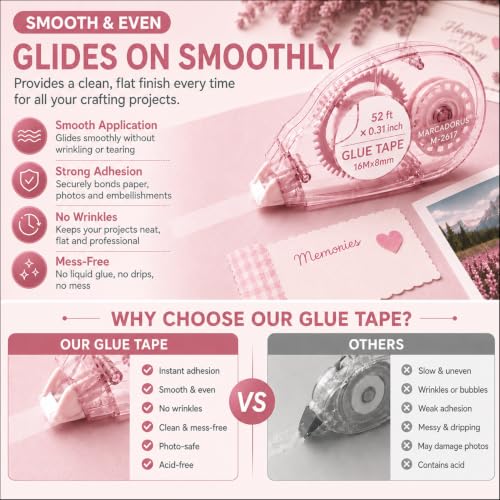 MARCADORUS Glue Tape Roller, Double Sided Tape Scrapbook 4 Pack Extra Long - size: 52.5 Ft x 0.31 In : 4 Pack