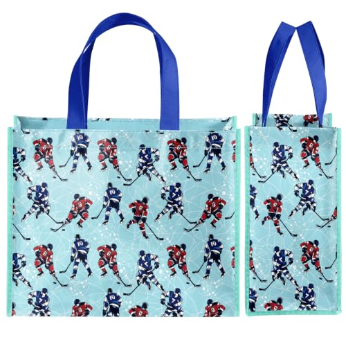 WRAPAHOLIC Large Reusable Ice Hockey Gift Bag with Handles - 10 x 5 x 13 inch - Blue Ice Hockey Player Winter Sports Gift Bags for Birthday, Sports Party, Team Celebration