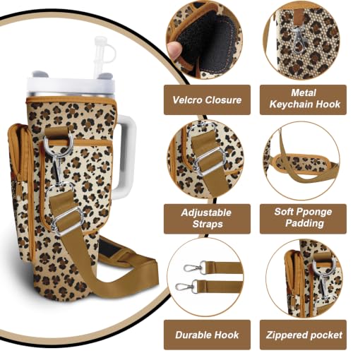 Water Bottle Carrier Bag for Stanley Cup 40/30oz, Neoprene Water Bottle Holder Pouch with 3 Pocket Adjustable Shoulder & Hand Strap - color: Ombre Brown Leopard