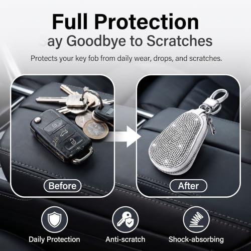 Bling Premium Leather Car Key Chain Case, Zipper Remote Key Wallet Bag with Coin Pocket, Multi-Functional Key Fob Holder Purse for Auto Keys Coins Cards (White) - color: White