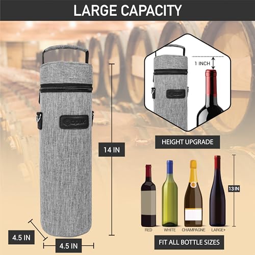 opux Single Bottle Wine Bag Carrier Insulated Cooler Tote with Strap, Grey - color: Heather Gray