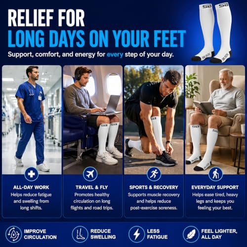SB SOX Compression Socks for Men & Women (20-30mmHg) - color: White/Black, size: Small