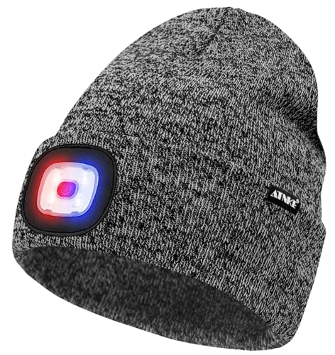 ATNKE LED Lighted Beanie Hat,USB Rechargeable 4 LED Red and Blue Flashing Running Headlamp Cap Gifts for Men and Women - color: #Blended Black White