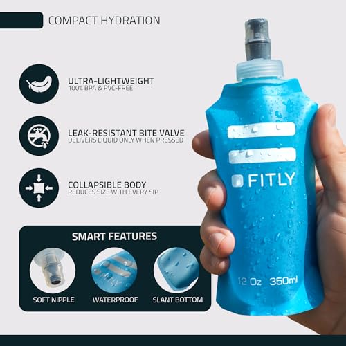 FITLY Soft Flask Running Water Bottle - Collapsible Hydration Flask - color: Blue, size: 12 Ounces