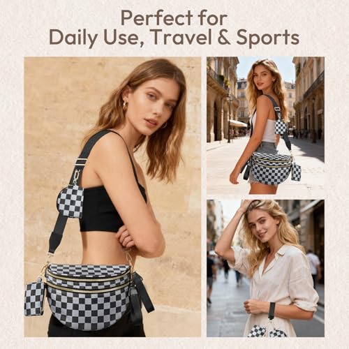 Cross Body Bag for Women Bum Bag Checkered Belt Bags Fanny Packs for Girls Travel Purse Fashion Waist Packs Crossbody Nylon Purse Trendy Shoulder Bags for Womens - color: Checkered Grey