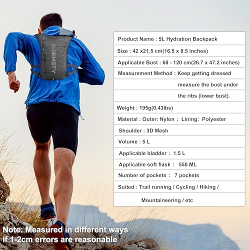 Running Hydration Vest 5L, Running Vest Pack with 1.5L Water Bladder - color: Grey