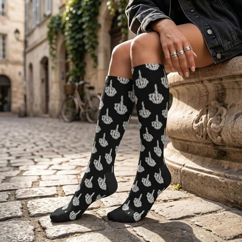 Compression Socks Knee High Support Stockings Women Men - color: Middle Finger Skull