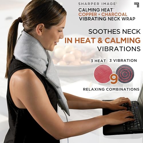 Calming Heat Neck Wrap by Sharper Image Copper & Charcoal Infused Personal Electric Neck Heating Pad with Vibrations, 3 Heat & 3 Vibration Settings- 9 Relaxing Combinations - size: Neck Wrap - 9 Combinations