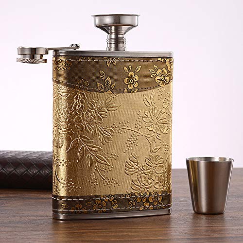 Golden pattern 8 Oz Flask Gift Hip Flask Stainless Steel(304/18-8 SS).Bonus 2 Shot Glass+1Funnel+1Giftbox.Flask Leak Proof Tested.Flask for Liquor/Alcohol.Flask for Men/Women