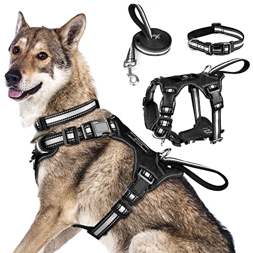 WINSEE Pet Harness Collar and Leash Set, All-in-one Reflective Dog Harness No Pull with Adjustable Buckles for Puppies, Small, Medium, Large, and Extra-Large Dogs (X-Large, Black) - color: Black, size: X-Large