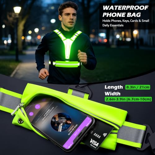 LED Reflective Vest Running Gear Set,USB Rechargeable Light Up Running Vest for Runners Night Walking with Waterproof Phone Bag,High Visibility Armband,Adjustable Waist&Shoulder for Men Women - color: Green