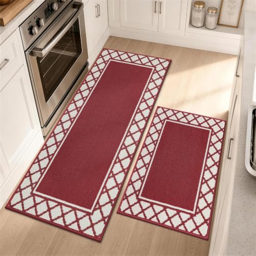 COSY HOMEER Washable Kitchen Rugs Sets of 2 Non-Slip Kitchen Mats,Red - color: Red, size: 20"x30" + 20"x48"