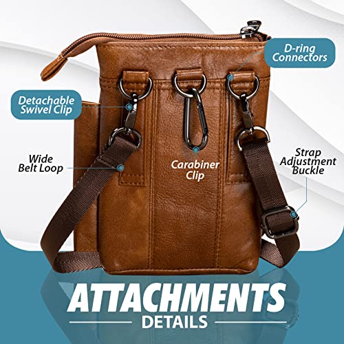 Genuine Leather Small Crossbody Purse for Men Women, Travel Passport Wallet Cell Phone Shoulder Holster Belt Pouch Messenger Bag - color: Brown