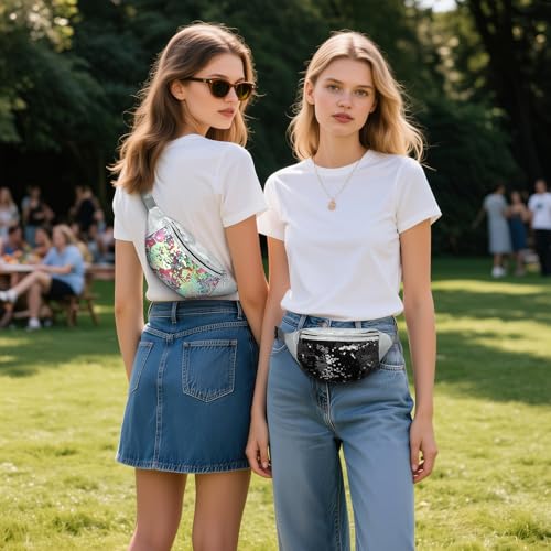 Holographic Sequined Fanny Packs for Women, Waist Belt Bag Fashion, Crossbody Bum Bag for Running, Black - color: Black