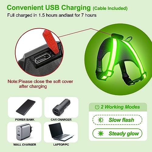 Visinite LED Dog Harness, USB Rechargeable Light Up Dog Vest, 2 Illuminate Modes Glow in The Dark Dog Harness, Adjustable Lighted Pet Harness Light for Night Walking Safety (Green, S) - color: Green, size: Small