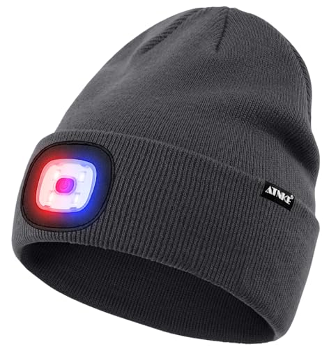 ATNKE LED Lighted Beanie Hat,USB Rechargeable 4 LED Red and Blue Flashing Running Headlamp Cap Gifts for Men and Women - color: #Gun Gray