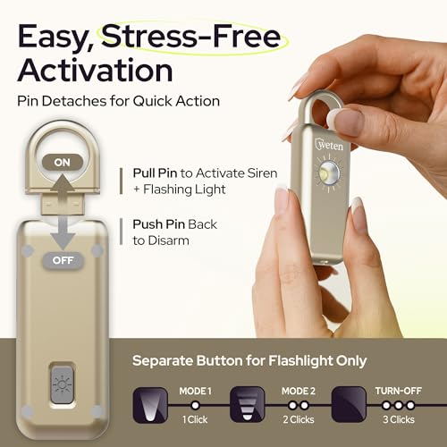 Personal Safety Alarm Keychain for Women, 130dB, LED Light, Gold Satin - color: Gold Satin