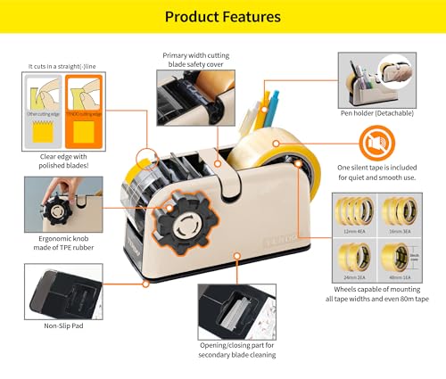[TENDO°] TENDO Multi-Section Tape Dispenser, Custom Width Tape Cutter with 4 Cutting Sections, Built-in Safety Blade, Ergonomic Grip for Packing and Office Use, ZO-508(Beige) - color: Beige