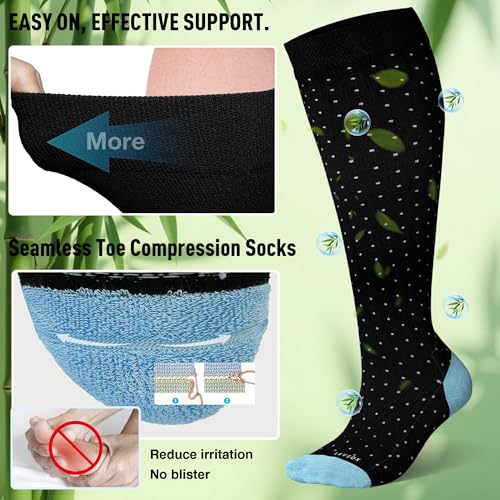 LEVSOX Bamboo Viscose Wide Calf Compression Socks 20-30 mmHg with Cushioned - color: Black Polka Dots, size: Large