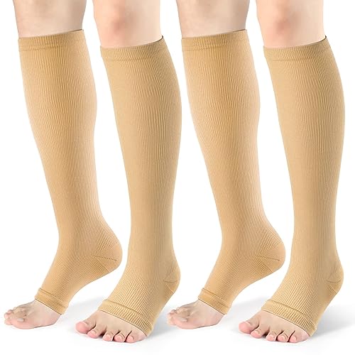 Toeless Compression Socks 15-20 mmHg, 2 Pairs open toe Knee High Support - color: B - Beige, size: 3X-Large