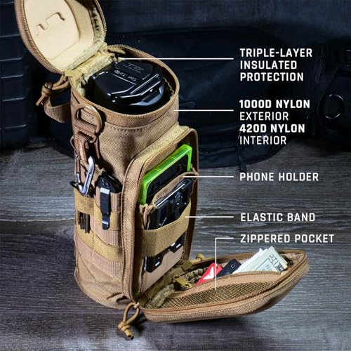 GOVO U1 Water Bottle Pouch with Zippered Hardshell Cap, Fits Up to 40oz Bottle, Molle System, Heavy Duty, Made With 100% Nylon - color: Tan