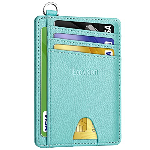 Slim Minimalist Front Pocket Wallet, RFID Blocking Credit Card Holder Wallet with Integrated D-Shackle for Men Women - color: Litchi Ocean Blue